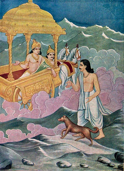 Yudhisthira y su perro ante Indra, dios de los cielos.