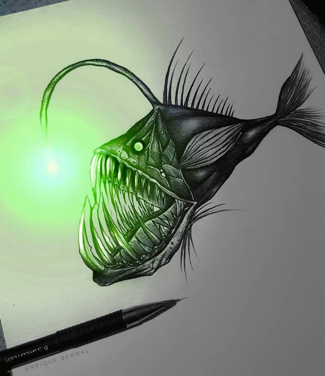 dibujo luminoso de pez abisal