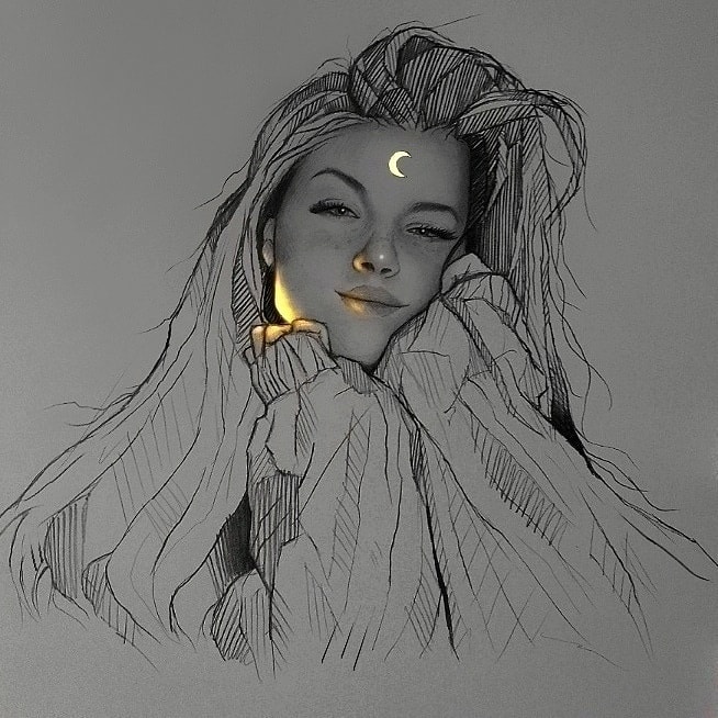 dibujo chica con luna en la frente