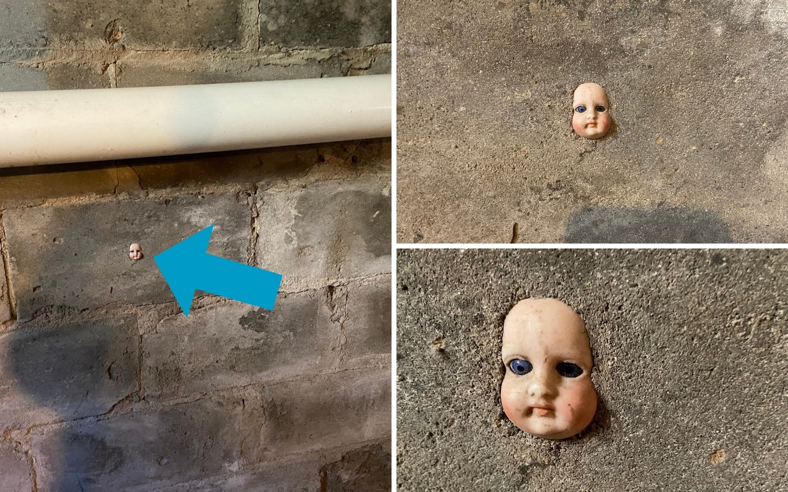 muñeca asoma la cara por el cemento