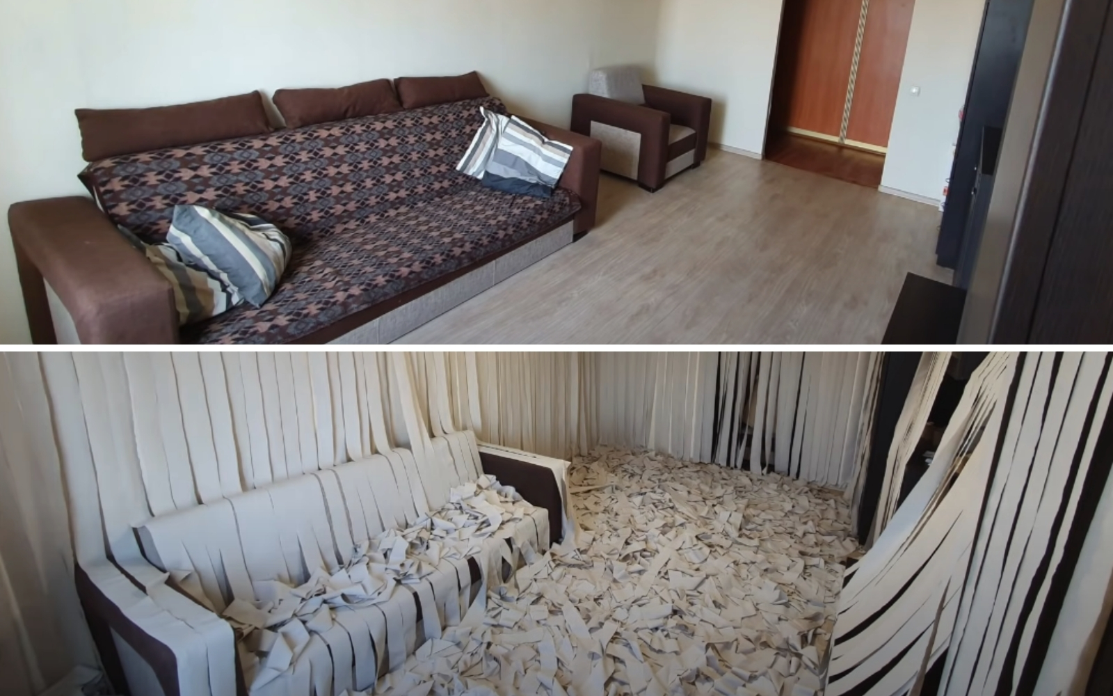 antes y después de cubrir una habitación con papel higiénico